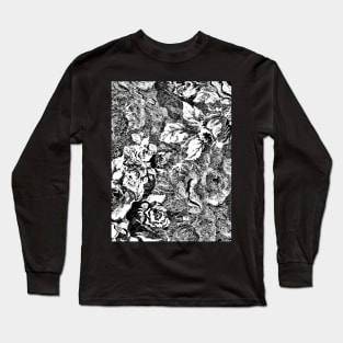 Textured Black and White Rose Pattern Long Sleeve T-Shirt